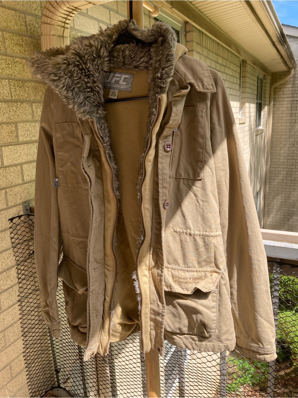 UFC Grey Faux Fur Hood Tan Parka Jacket Cotton Coat Size Large